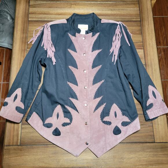 Roaman's Black & Brown Snap Coat w/ 100% Pig Leather Trim & Fringe - Size A6 - Picture 1 of 7